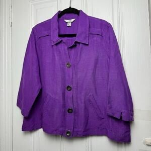 Purple Linen Blend Top Womens XL Petite Button Front 3/4 Sleeve Artsy Boxy
